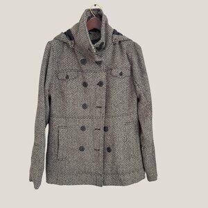 Hurley Women's XL Wool Blend Double Breasted Peacoat Jacket Hooded Herringbone
